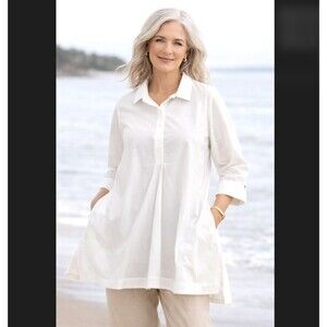 J Jill White Shirt Tunic XL Collar Snap Button Popover Flared 3/4 Sleeve Pockets